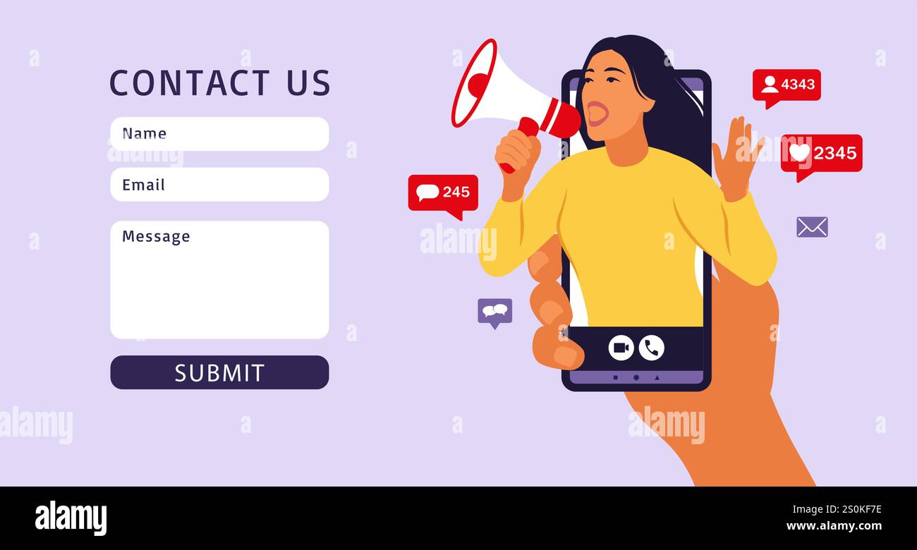 Modulo di contatto per il Web. Mani che tengono lo smartphone con una ragazza che urla con l'altoparlante. Influencer marketing, social media o network Illustrazione Vettoriale