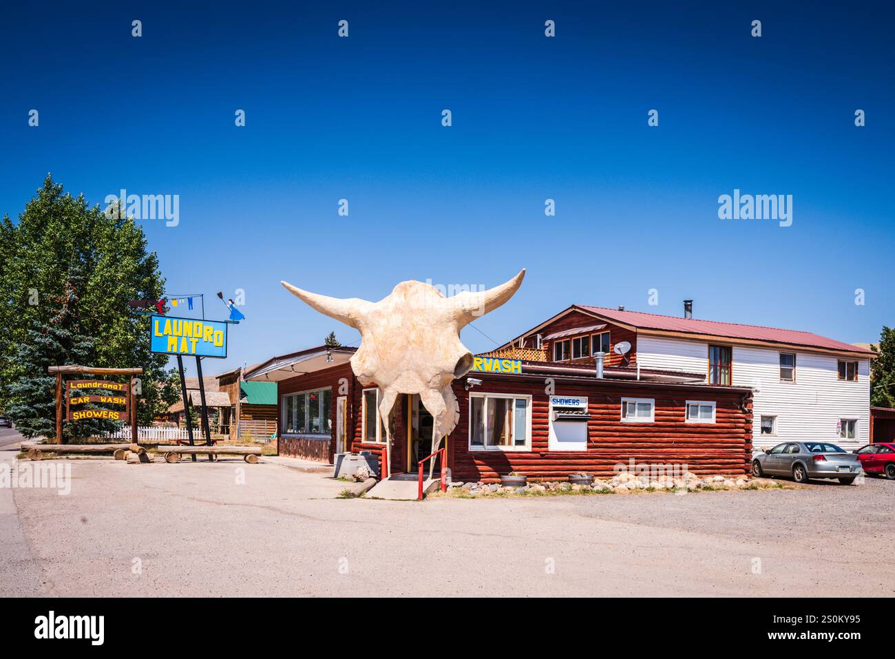 Dubois WY USA - 21 agosto 2017: Il teschio del bestiame gigante decora il tappetino della lavanderia e l'autolavaggio. Foto Stock