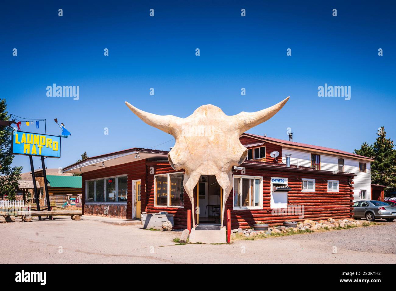 Dubois WY USA - 21 agosto 2017: Il teschio del bestiame gigante decora il tappetino della lavanderia e l'autolavaggio. Foto Stock