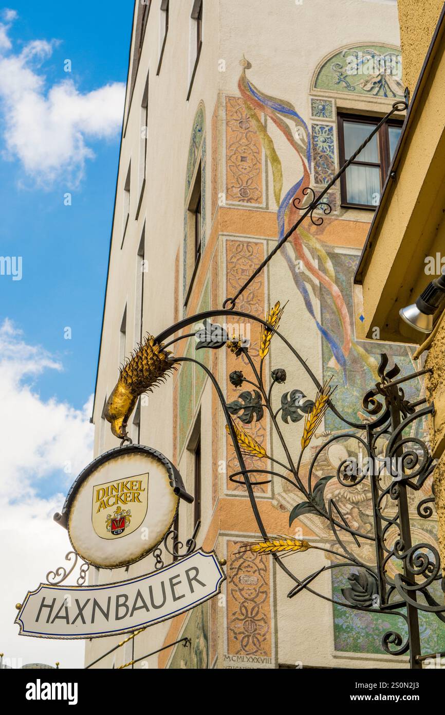 Cartelli decorativi ornamentali sugli edifici di Monaco, Baviera, Germania. Foto Stock