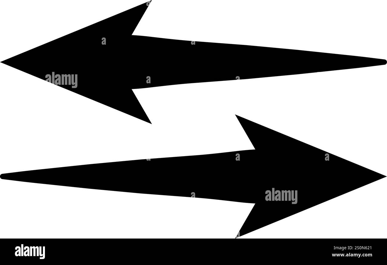 Due frecce nere allungate puntano in direzioni opposte, creando una visuale dinamica che suggerisce forze opposte, scelte o uno scambio bidirezionale Illustrazione Vettoriale