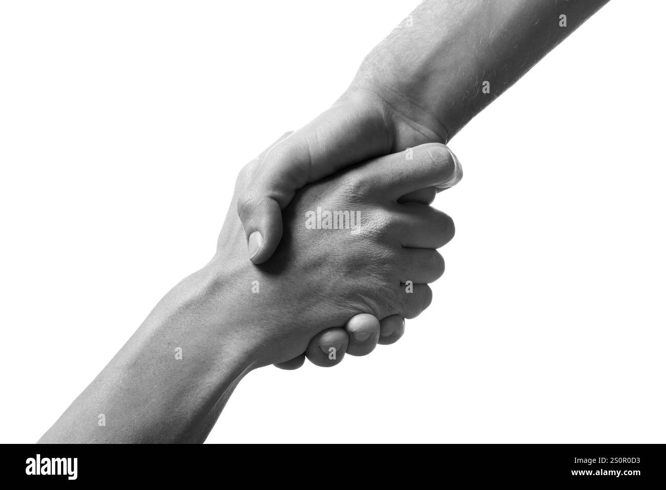 Aiuto e supporto. Gente che tiene le mani su sfondo bianco, primo piano. Tonificato in bianco e nero Foto Stock