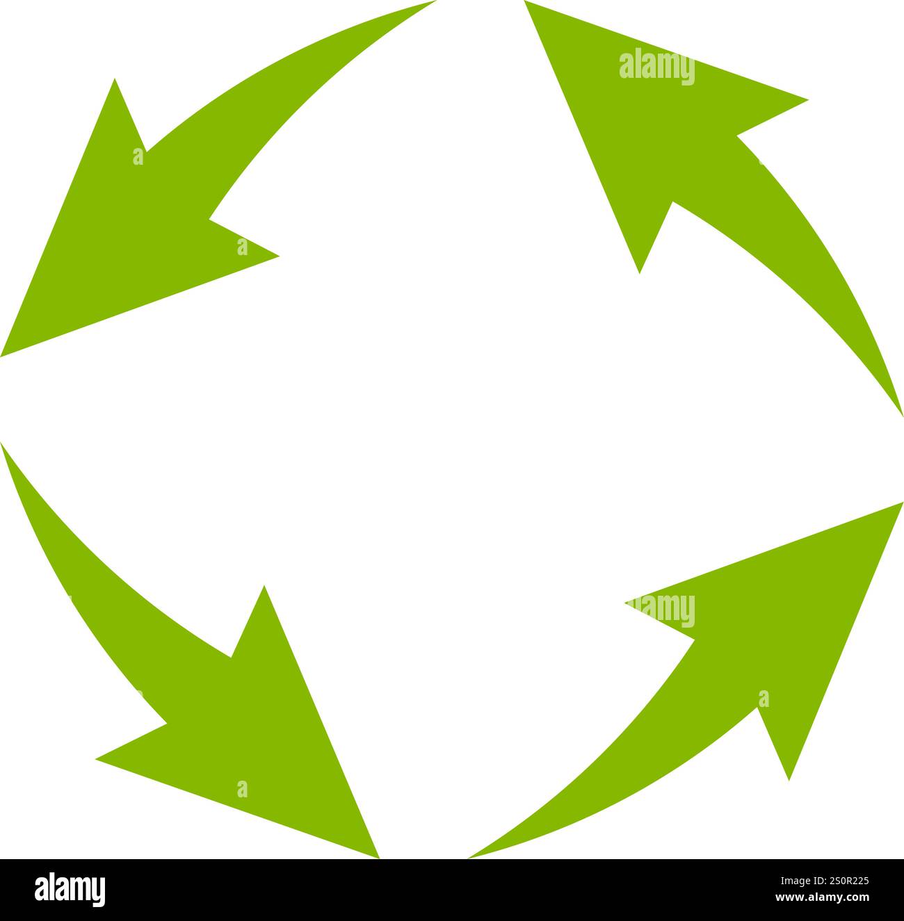 Quattro frecce verdi che ruotano in senso orario formando un cerchio su uno sfondo bianco rappresentano un processo continuo, un'economia circolare o un concetto di riciclaggio Illustrazione Vettoriale
