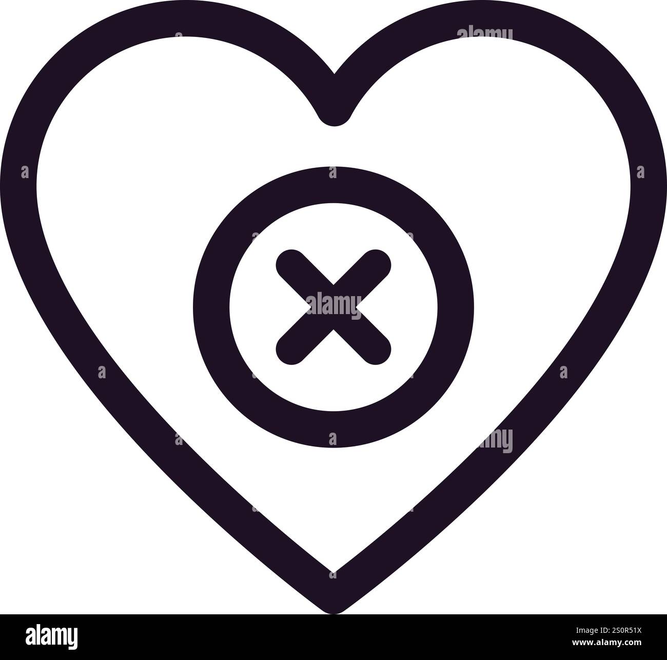 Icona minimalista di una forma di cuore con una croce che simboleggia un cuore spezzato, la fine di una relazione, l'amore perso o il rifiuto, che trasmette sentimenti Illustrazione Vettoriale