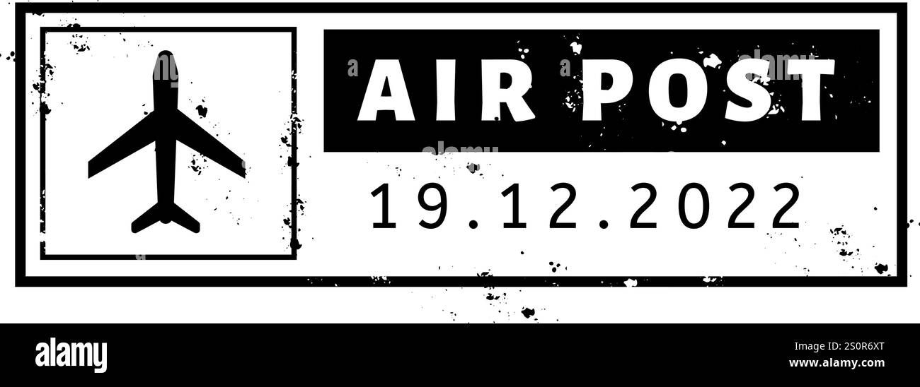 Francobollo nero a grunge rettangolare che mostra un'icona stilizzata dell'aeroplano insieme alla data 19.12.2022, su uno sfondo bianco pulito per Illustrazione Vettoriale Francobollo nero a grunge rettangolare che mostra un'icona stilizzata dell'aeroplano insieme alla data 19.12.2022, su uno sfondo bianco pulito per Illustrazione Vettoriale