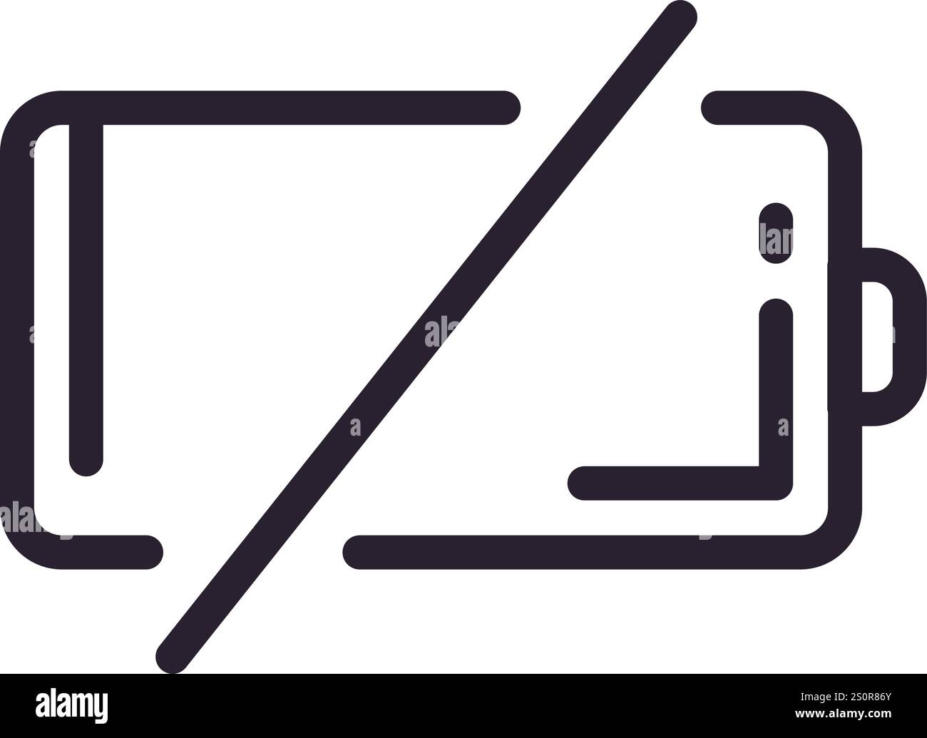 Semplice icona di batteria scarica in bianco e nero con una linea diagonale che indica uno stato di carica bassa o assente, adatta per l'interfaccia utente Illustrazione Vettoriale