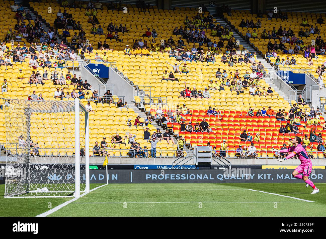 Wellington, nuova Zelanda, 28 dicembre 2024. Il portiere dei Newcastle Jets Ryan Scott guarda mentre Kosta Barbarouses si dirige sotto la sua traversa durante l'A-League Round 10 Fixture tra Wellington Phoenix e Newcastle Jets allo Sky Stadium il 28 dicembre 2024 a Wellington, nuova Zelanda. Crediti: James Foy/Speed Media/Alamy Live News Foto Stock