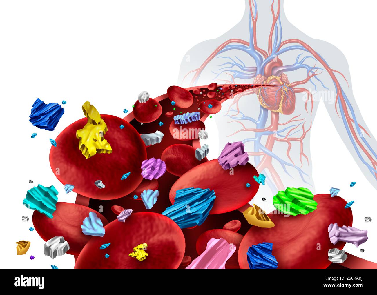 Microplastiche e salute umana come piccole particelle di plastica all'interno del sangue come preoccupazione per la salute da ingestione inalazione o trasferimento dermico da contam Foto Stock