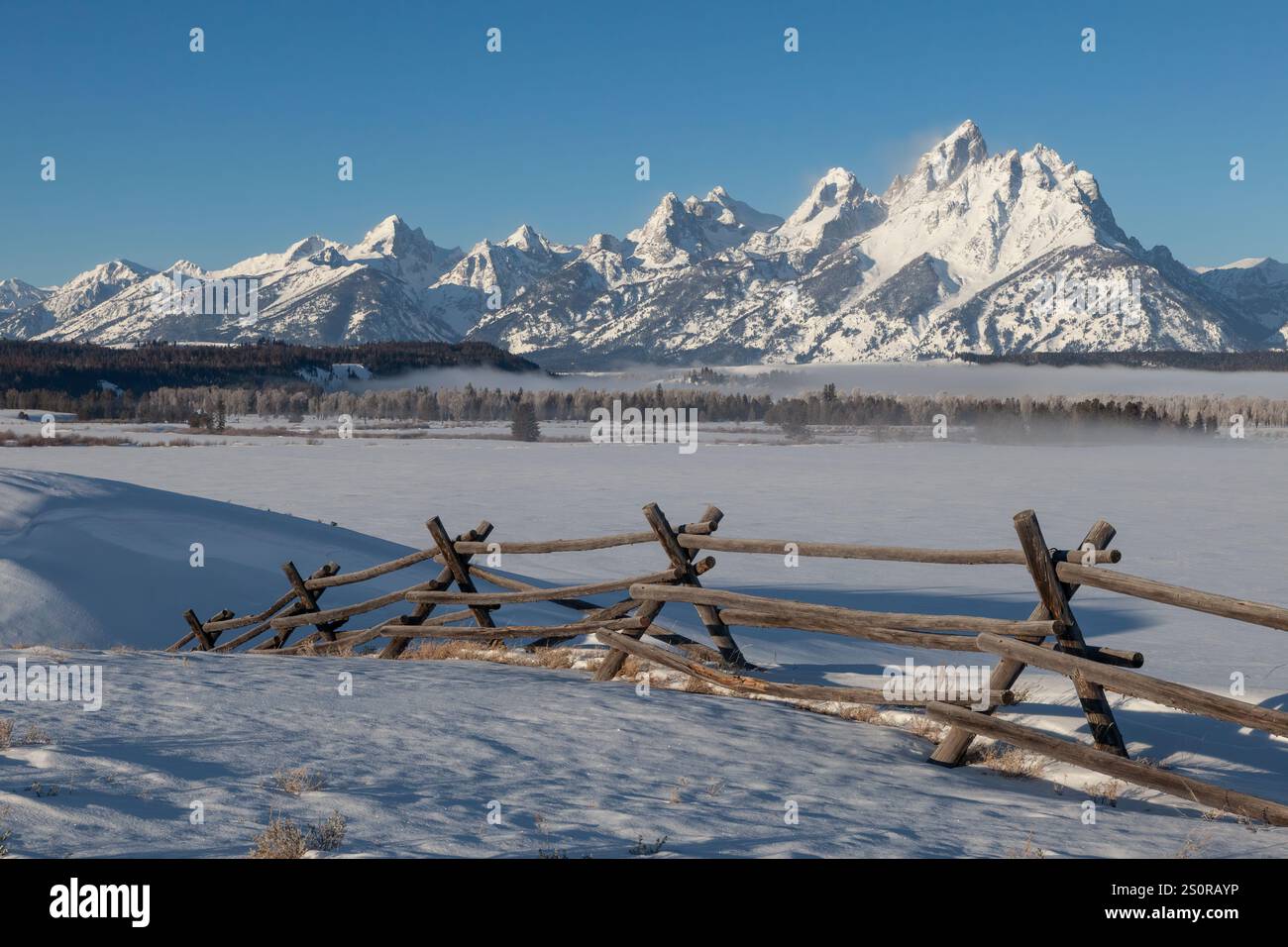 Neve soffiata dal vento e recinzione in inverno, Grand Teton National Park, Wyoming Foto Stock