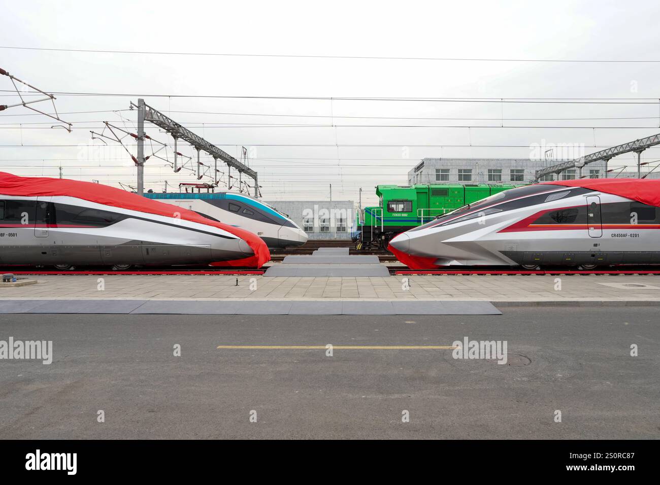 Pechino, Cina. 29 dicembre 2024. Questa foto mostra una CR450AF (R) e un treno proiettile CR450BF a Pechino, capitale della Cina, 29 dicembre 2024. Un prototipo del treno proiettile CR450 che percorrerà 400 chilometri all'ora ha debuttato a Pechino domenica, ha detto l'operatore ferroviario del paese China State Railway Group Co., Ltd Il treno è in grado di circolare a 450 chilometri orari durante la prova. Crediti: Ju Huanzong/Xinhua/Alamy Live News Foto Stock