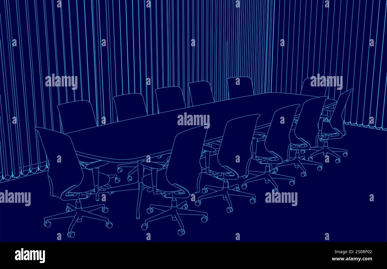 Immagine blu di una grande sala conferenze con un lungo tavolo e sedie. Le sedie sono tutte vuote Illustrazione Vettoriale
