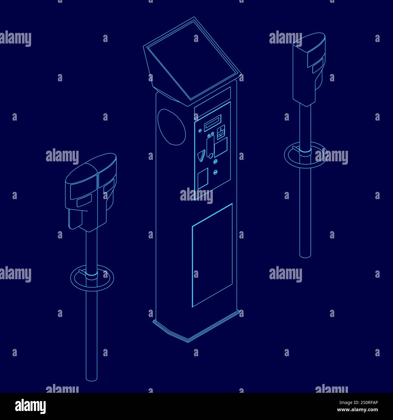 Disegno blu di un parchimetro con un contorno blu. Il parchimetro è circondato da due poli Illustrazione Vettoriale