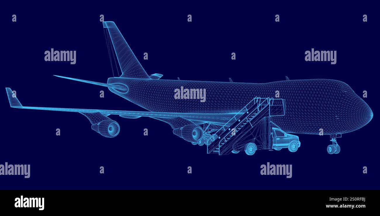 Aereo blu con sfondo blu. L'aereo si trova al centro dell'immagine. L'immagine ha un'atmosfera futuristica Illustrazione Vettoriale