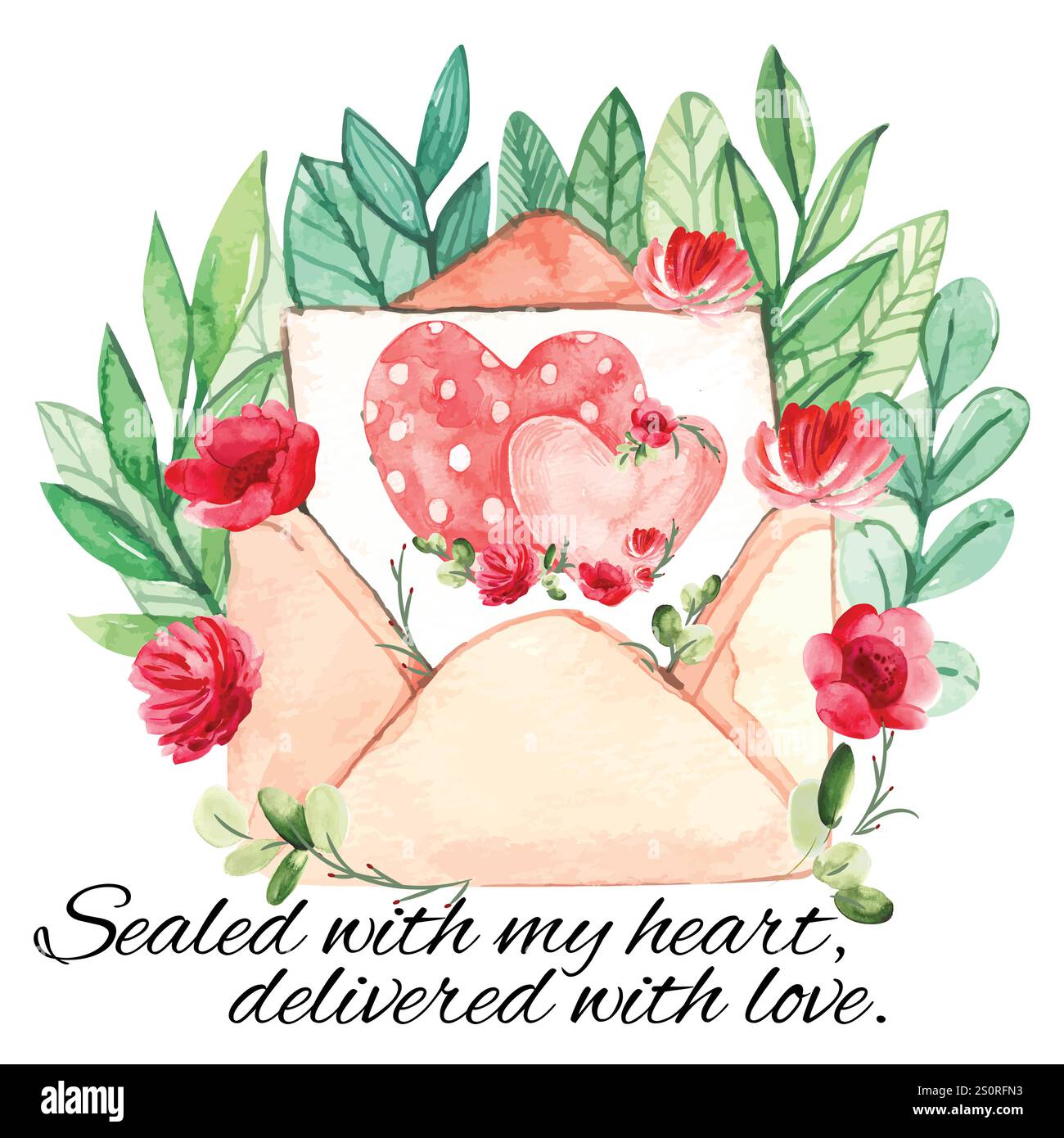 Lettera floreale di San Valentino con busta e cuore all'interno, sigillata con cuore, consegnata con amore Illustrazione Vettoriale