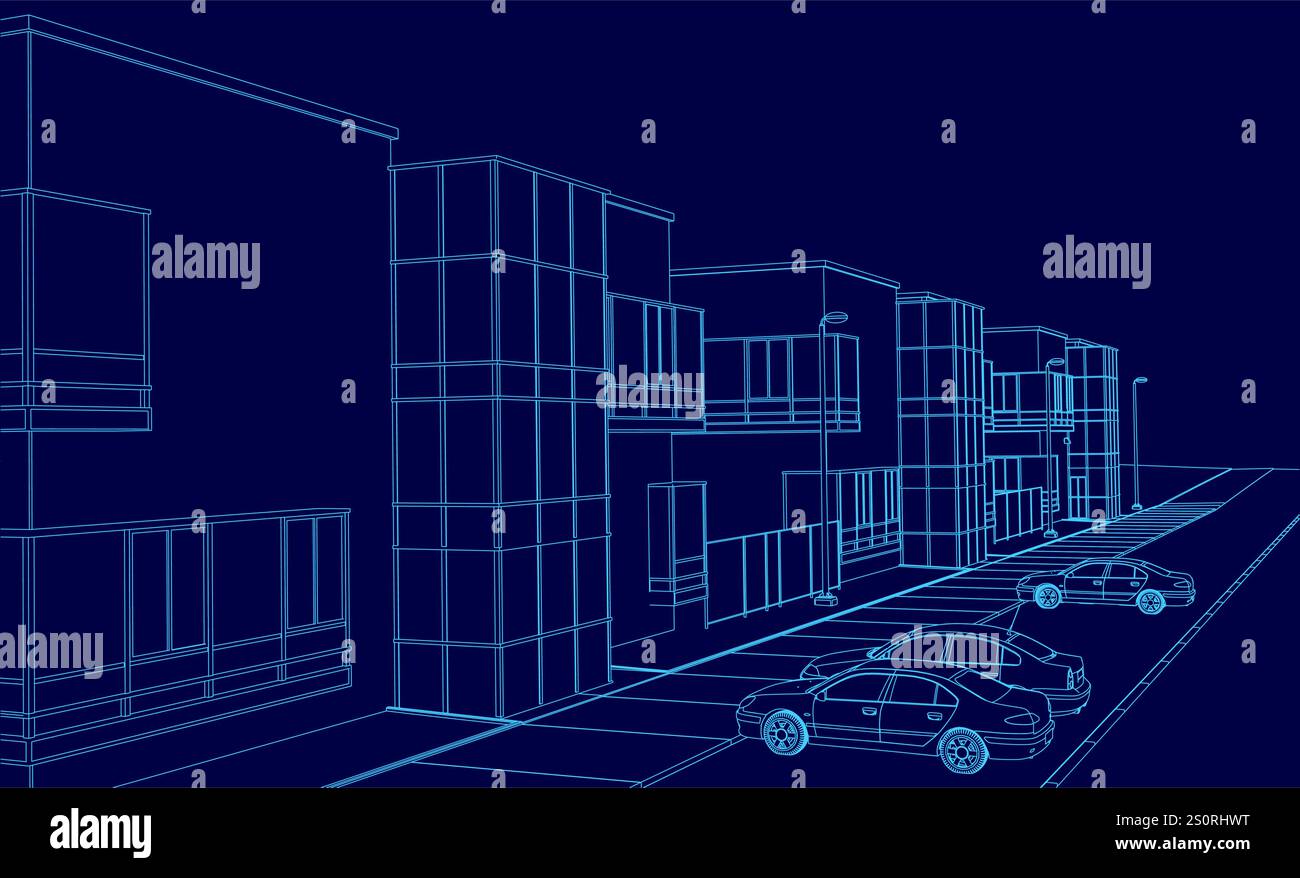 L'immagine raffigura una strada della città con le auto parcheggiate lateralmente. Gli edifici sullo sfondo sono alti e blu, dando l'impressione di un modo Illustrazione Vettoriale