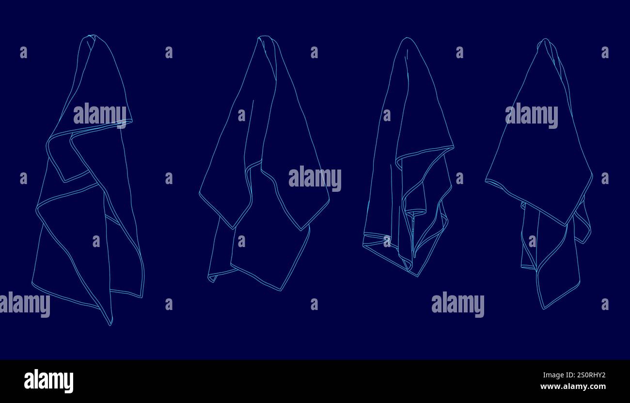 Quattro immagini blu di un asciugamano piegato. L'asciugamano è piegato in modi diversi, con un'immagine che lo mostra piegato a metà, un'altra in terzi e l'altra Illustrazione Vettoriale