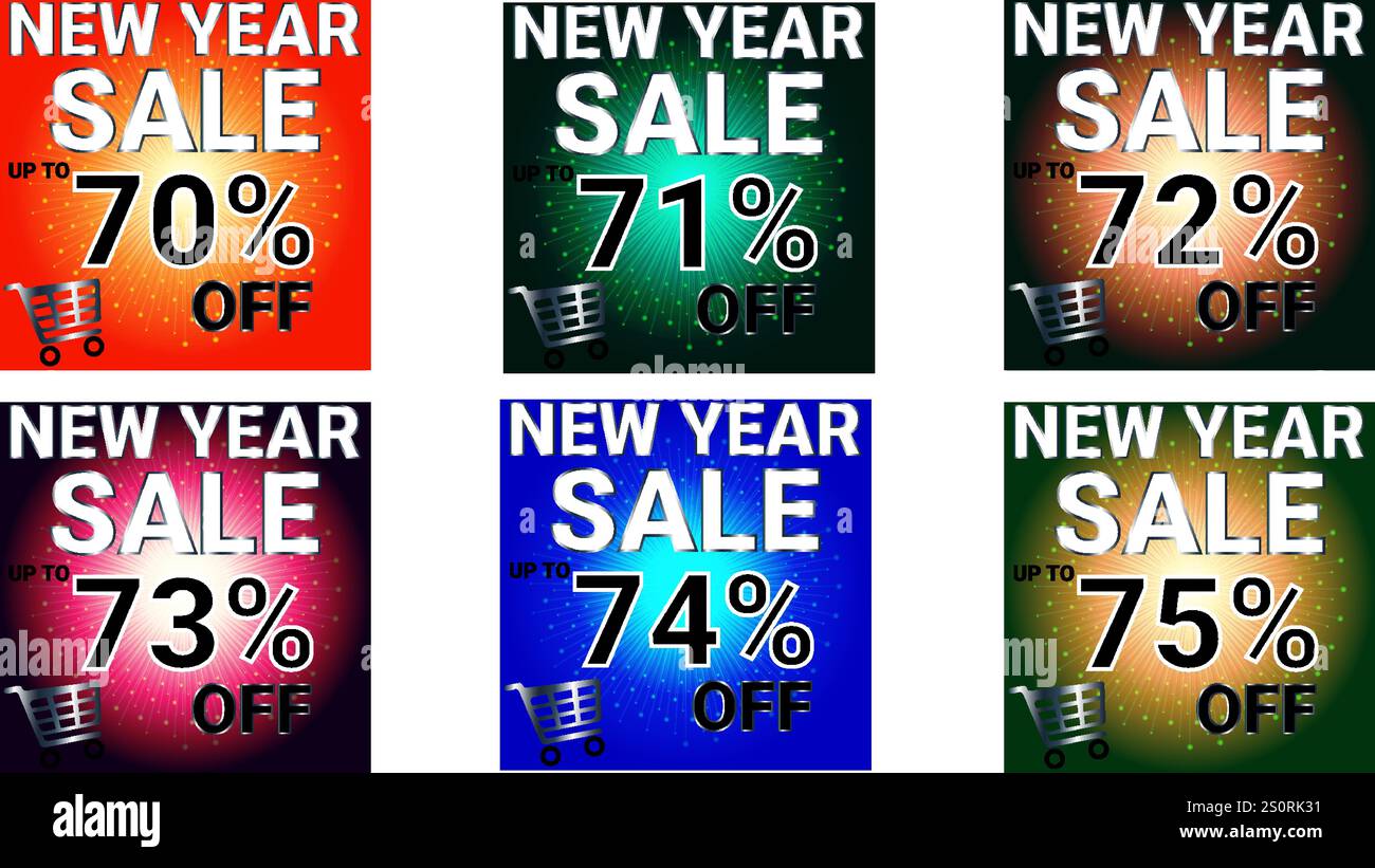 Offerta di Capodanno fino al 70 71 72 73 74 e 75% di sconto su un set di sei striscioni con colori multipli e burst stellare Illustrazione Vettoriale