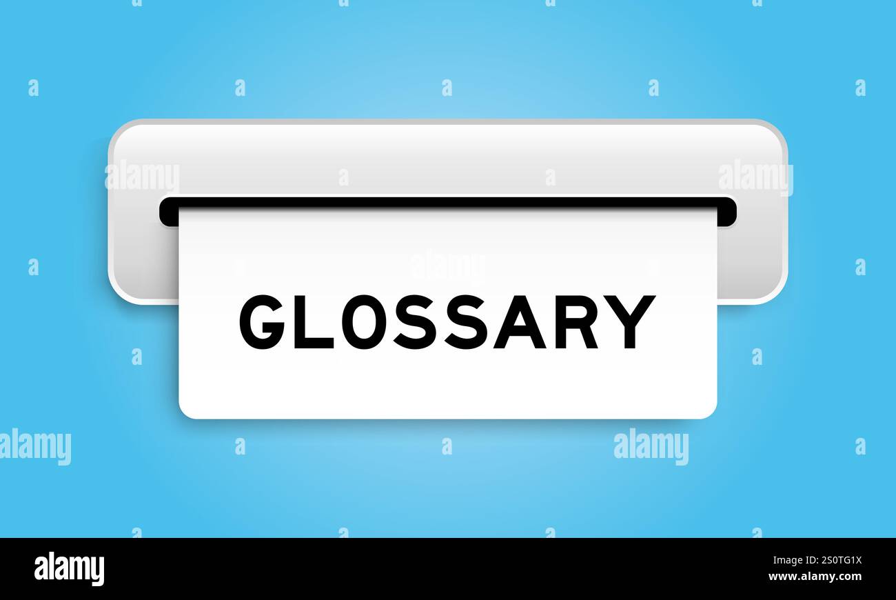 Banner coupon bianco con glossario di parole della macchina su sfondo blu Illustrazione Vettoriale