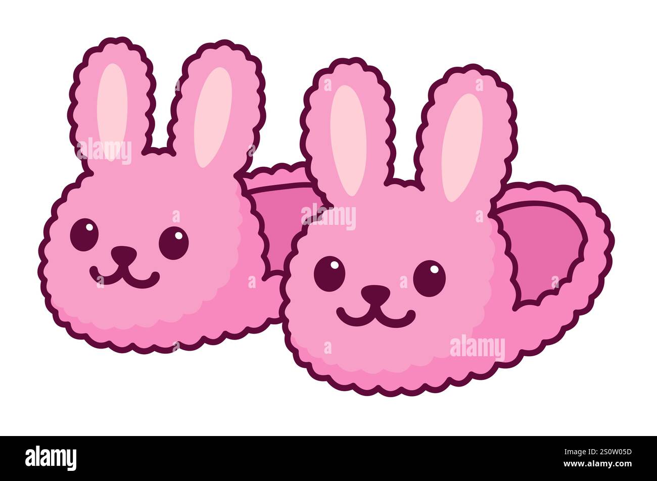 Un paio di ciabatte fuzzy Bunny home. Carine scarpe da coniglio rosa illustrazione vettoriale dei cartoni animati. Illustrazione Vettoriale