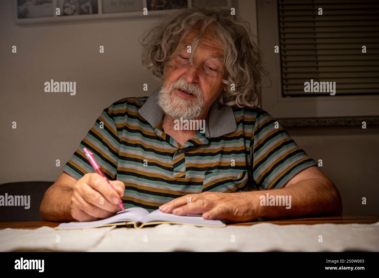 Un uomo anziano con i capelli ricci e una camicia a righe scrive con cura su un notebook o un diario sotto una calda illuminazione interna. Foto Stock