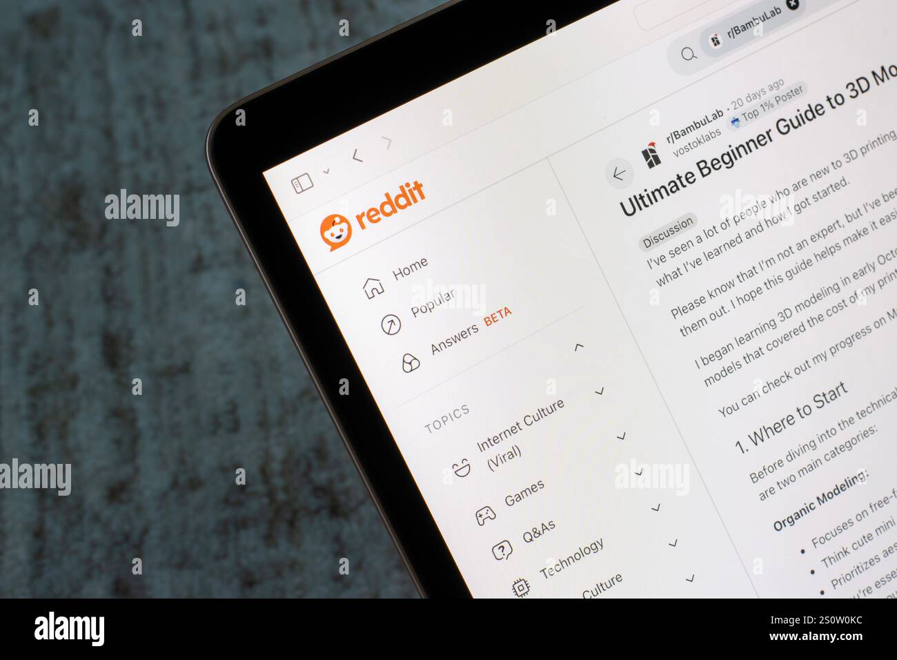 La pagina Web di Reddit, che mostra un post sulla guida per principianti alla modellazione 3D, viene visualizzata su un computer. Reddit è una rete di comunità per interessi comuni. Foto Stock