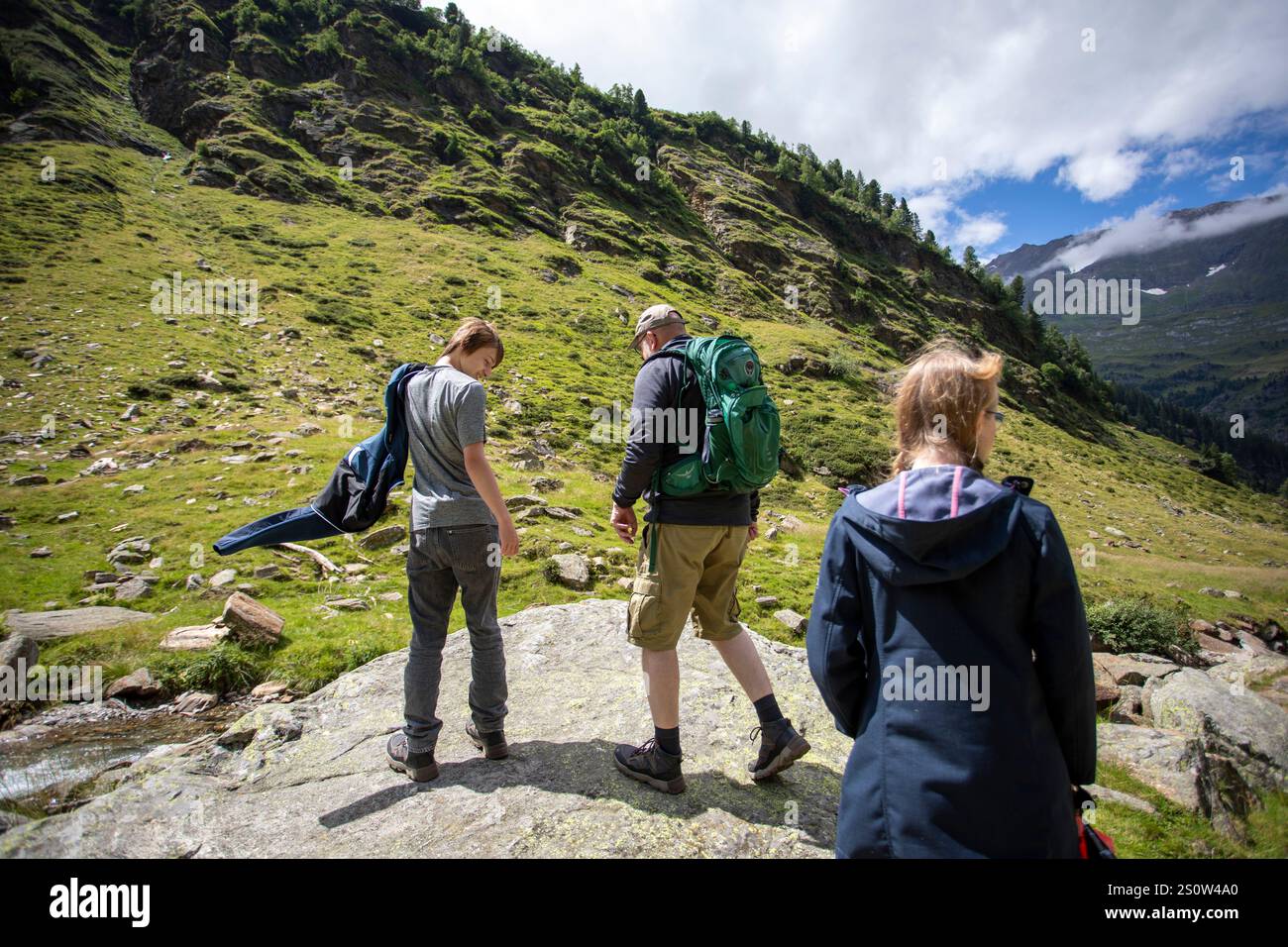 Un'escursione in famiglia in montagna durante l'estate, godendosi la natura con il proprio cane. Questa emozionante scena cattura la gioia di stare insieme, esplorare, Foto Stock