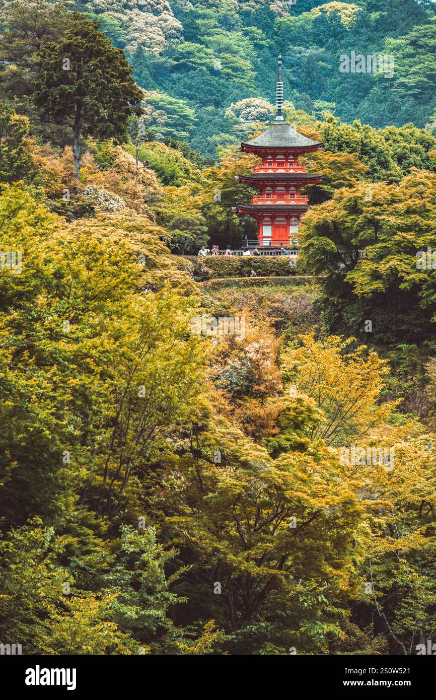 Vista panoramica con la pagoda di Kiyomizu-dera Koyasunoto situata nel complesso del tempio di Kiyomizu-dera a Kyoto. Foto Stock