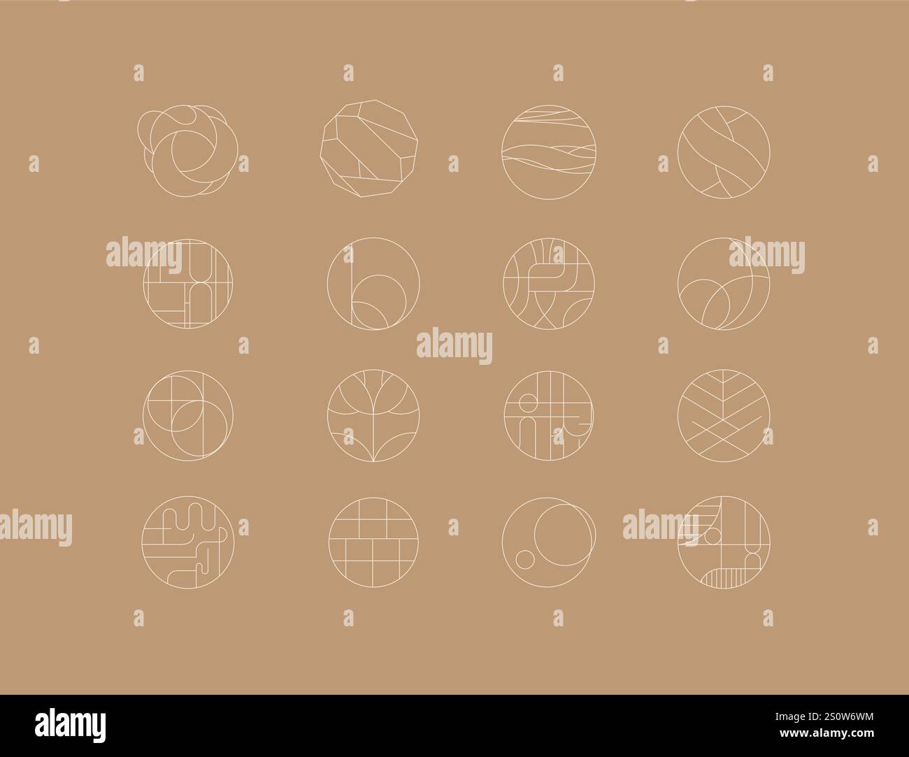 Icone a forma di cerchio che disegnano uno stile grafico lineare su sfondo beige Illustrazione Vettoriale
