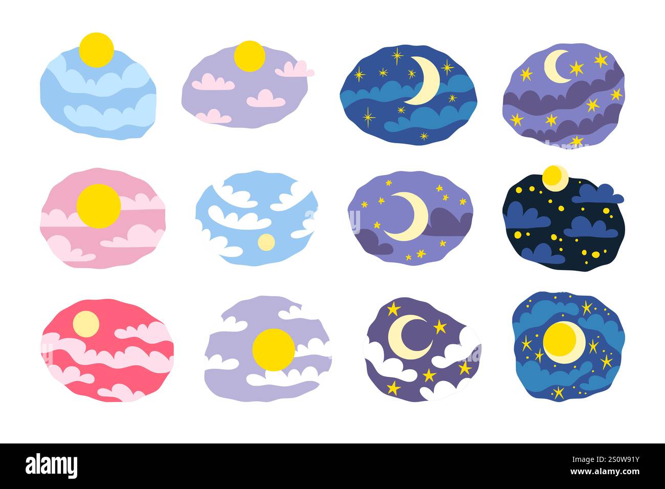 Icone giorno e notte. Mattutino, sera, emblemi diurni di sole, sole e nuvole sul cielo, ciclo temporale. Adesivi soleggiati isolati, etichette meteo per bambini. Luce solare Illustrazione Vettoriale