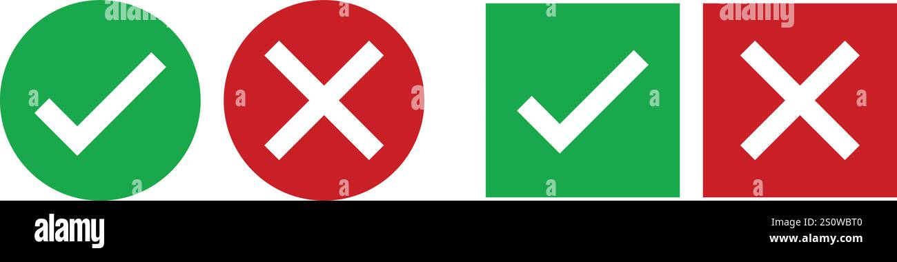 Set di pulsanti con icona segno di spunta. Icona della casella di controllo con i pulsanti destro e sbagliato e icone di segno di spunta Sì o no nella casella di spunta verde e nella croce rossa. Illustrazione Vettoriale