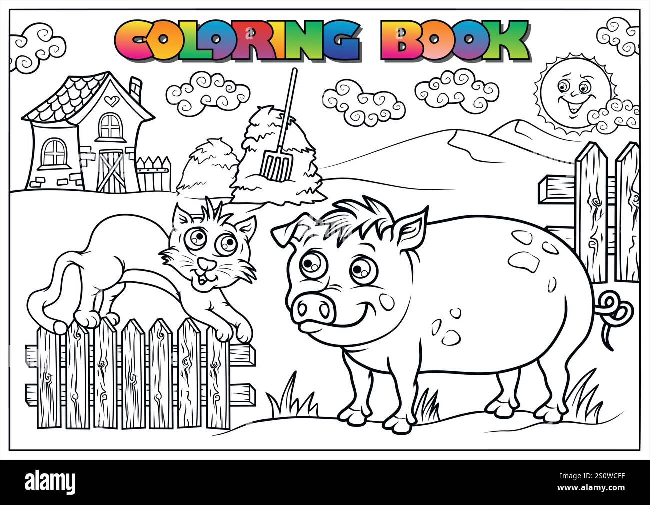 Gatto che salta dalla recinzione e guarda il maiale nella fattoria, libro da colorare o pagina per bambini in età prescolare e scolastica. Illustrazione Vettoriale