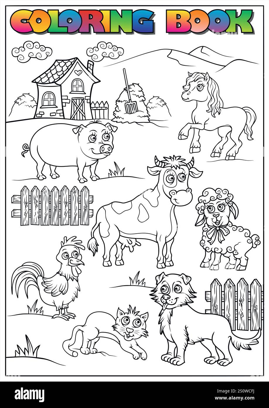 Pagina da colorare in bianco e nero con vari animali da fattoria, una fattoria e recinzioni, perfetta per le attività dei bambini. Illustrazione Vettoriale