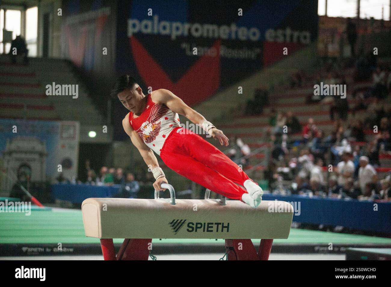 Lorenzo min Casali in gara per eseguire la sua routine di cavalli pommel. Ancona (Italia) 2024 Foto Stock