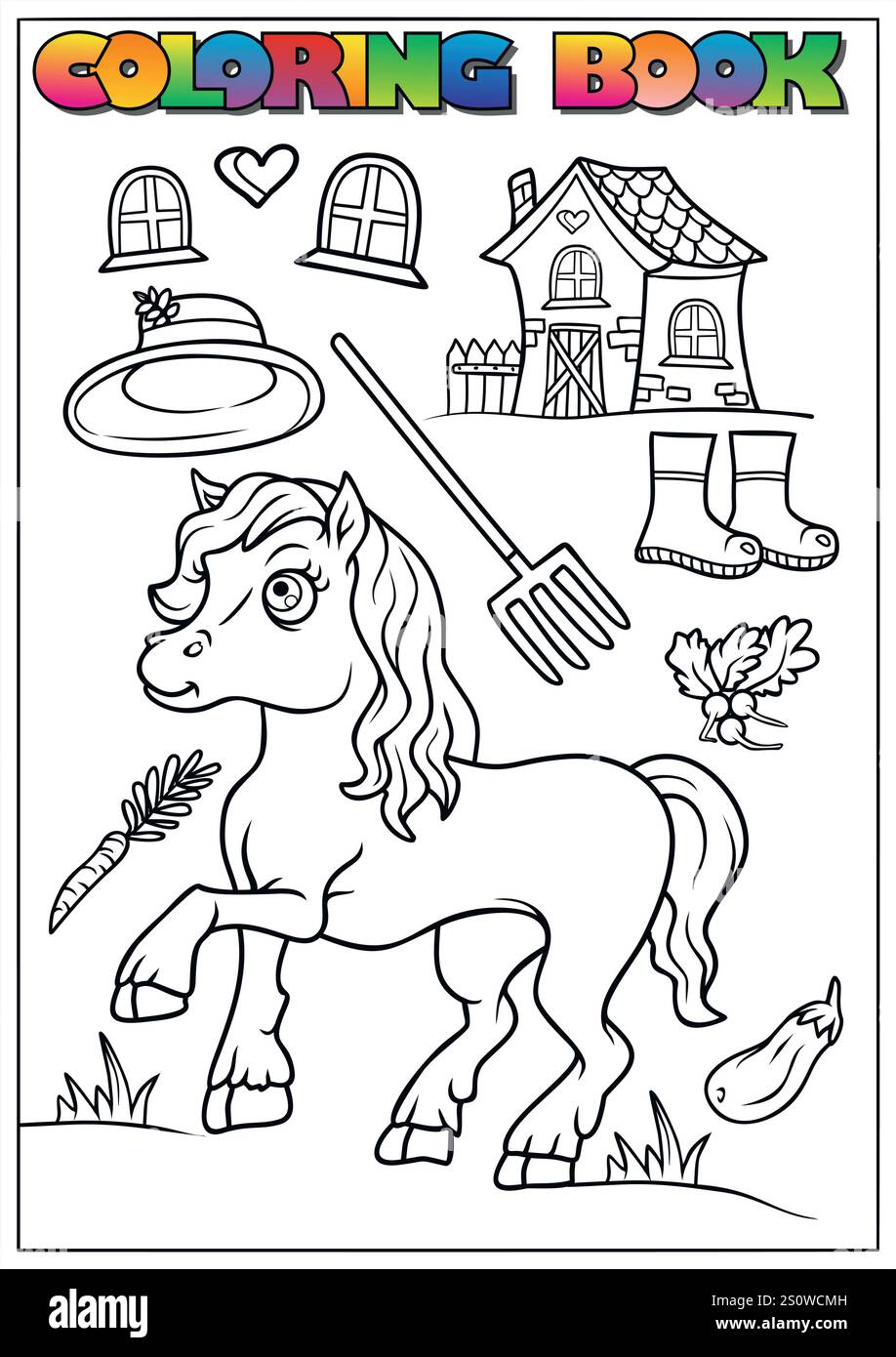 Adorabile pagina da colorare con pony circondata da elementi legati alla fattoria, perfetta per libri di attività per bambini. Illustrazione Vettoriale