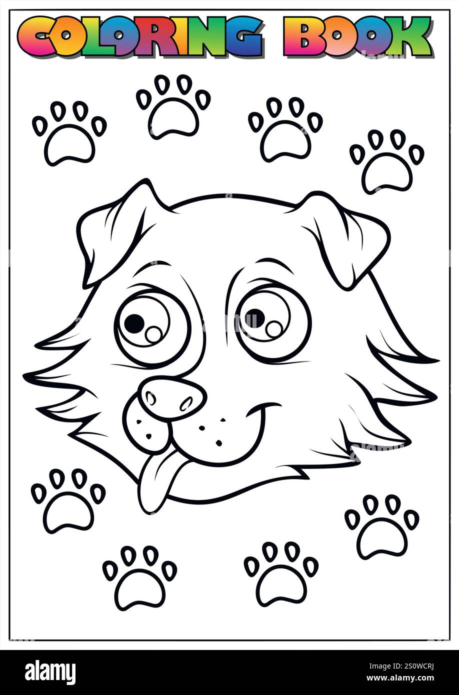 Il cane dei cartoni animati che sporge la lingua, circondato da impronte di zampe, in una pagina da colorare per i bambini. Illustrazione Vettoriale