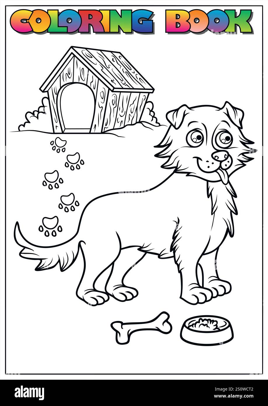 Semplice cane da cartone animato in piedi vicino alla sua cuccia con cibo e ossa, pagina di libri da colorare per i bambini. Illustrazione Vettoriale