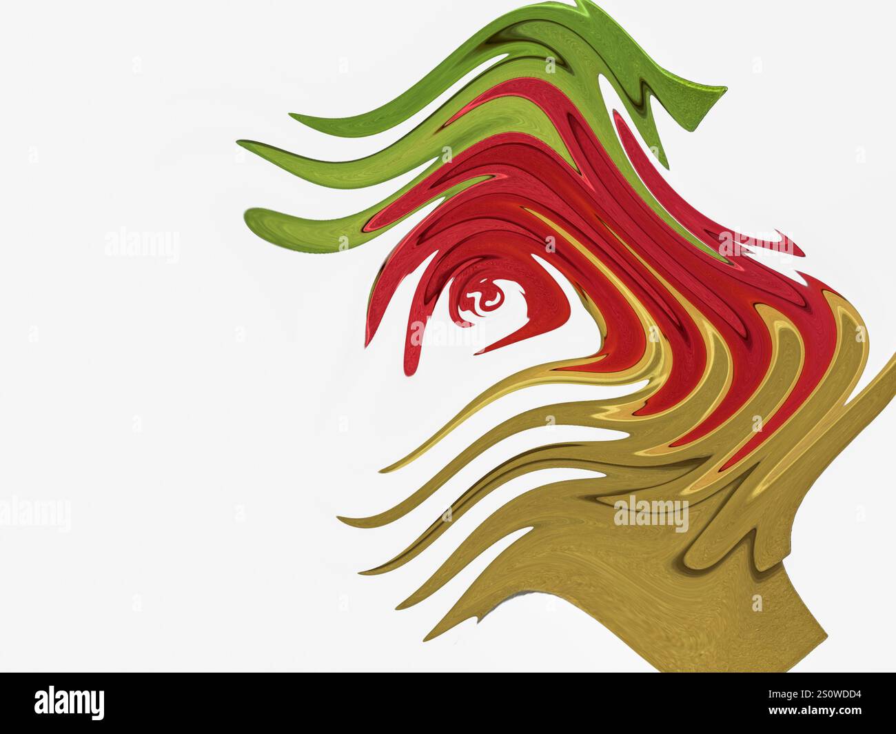 figura astratta, sagoma della testa come drago. linee di pennello volanti in oro colorato, rosso e verde su sfondo bianco, inchiostro fluido art Foto Stock