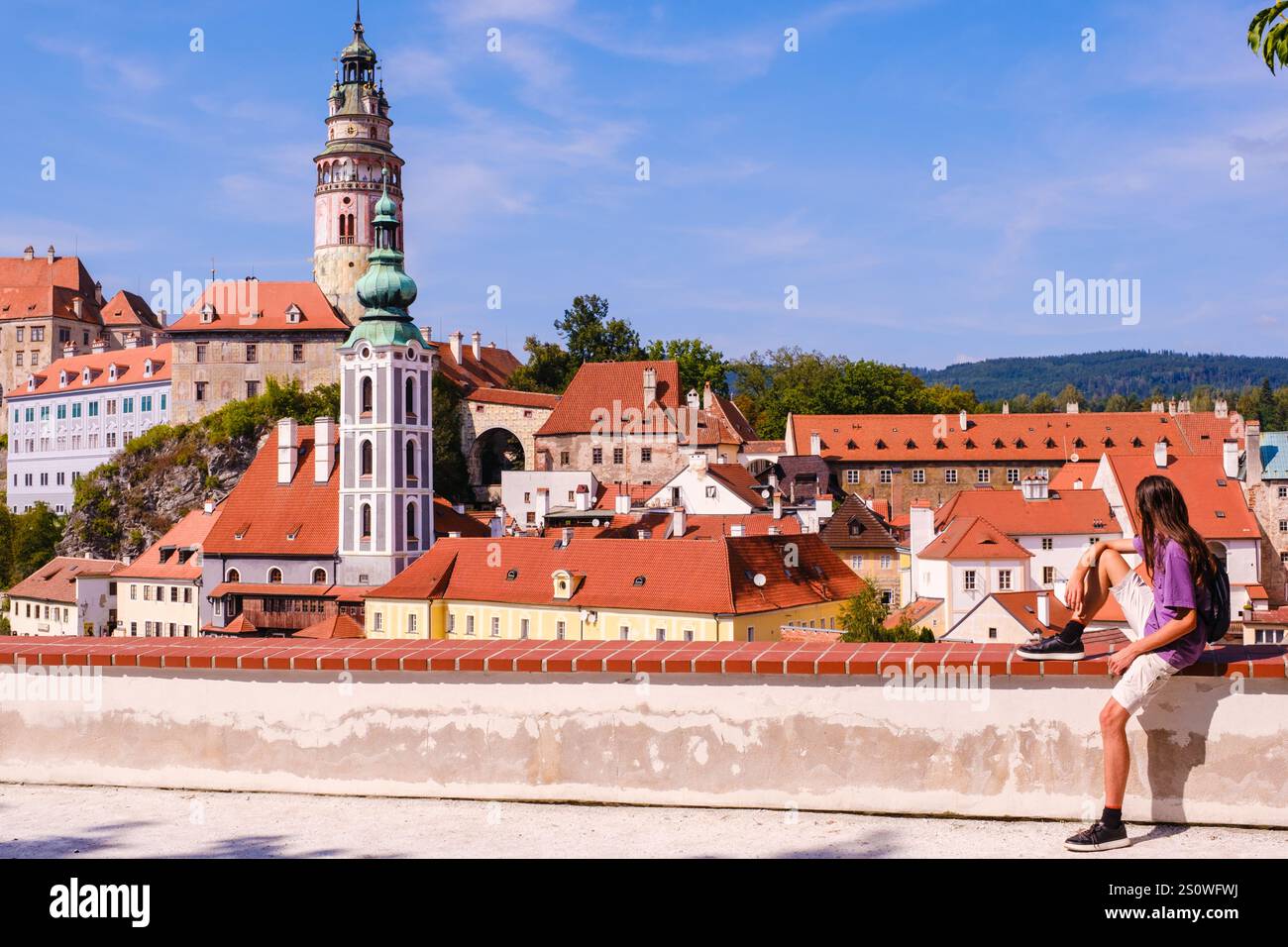 Castello di Cesky Krumlov, Torre e tetti. Repubblica ceca, Cechia Foto Stock
