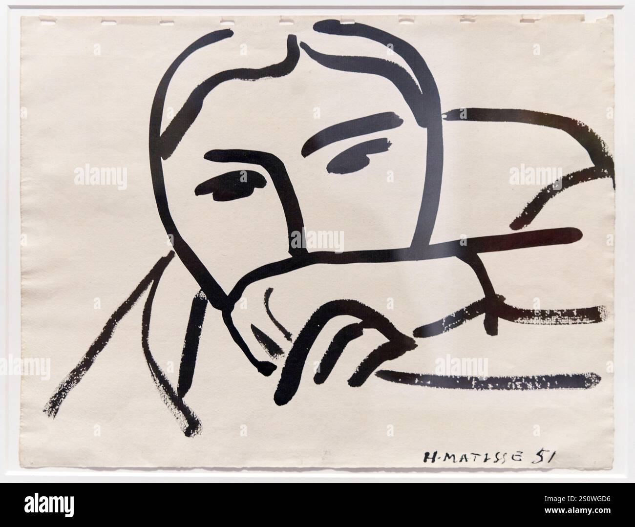 Viso, mano davanti alla bocca, 1951, spazzola e inchiostro cinese su carta pergamena, Henri Matisse (1869-1954) Foto Stock