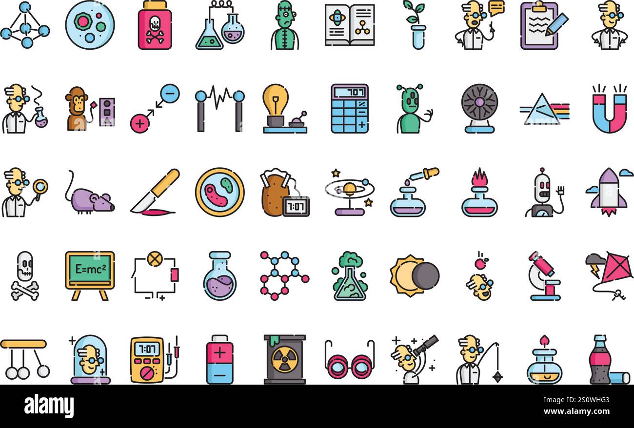 Icone della scienza folle Collezione di icone vettoriali di alta qualità con tratto modificabile. Ideale per progetti professionali e creativi. Illustrazione Vettoriale