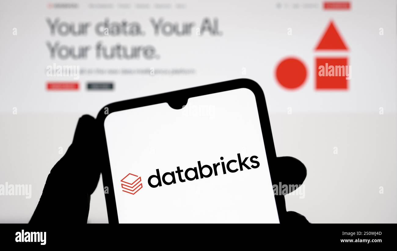 Il logo Databricks viene visualizzato sullo smartphone. Databricks Inc è un'azienda globale di dati, analisi e intelligenza artificiale (ai). Foto Stock