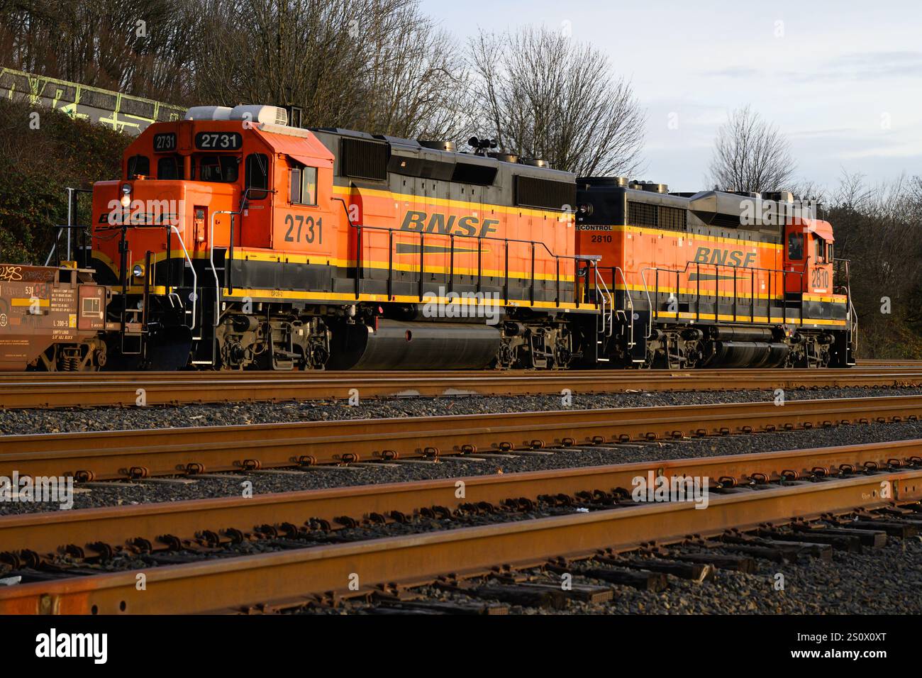 Seattle - 16 dicembre 2024; BNSF coppia di locomotive merci con binari ferroviari multipli Foto Stock