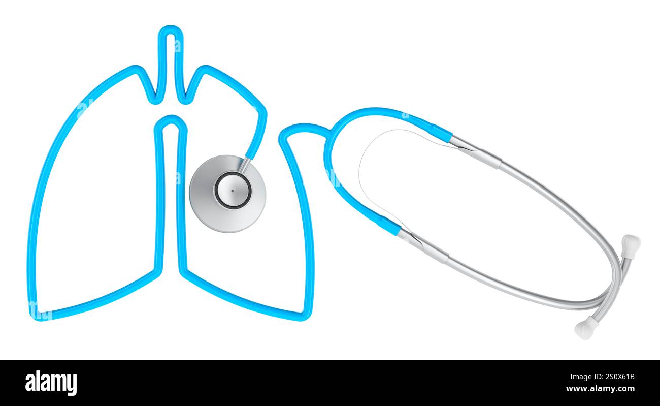 Stetoscopio con polmoni umani modellati dal suo cordone. Diagnosi e trattamento della malattia polmonare, concetto. Rendering 3D isolato su sfondo bianco Foto Stock