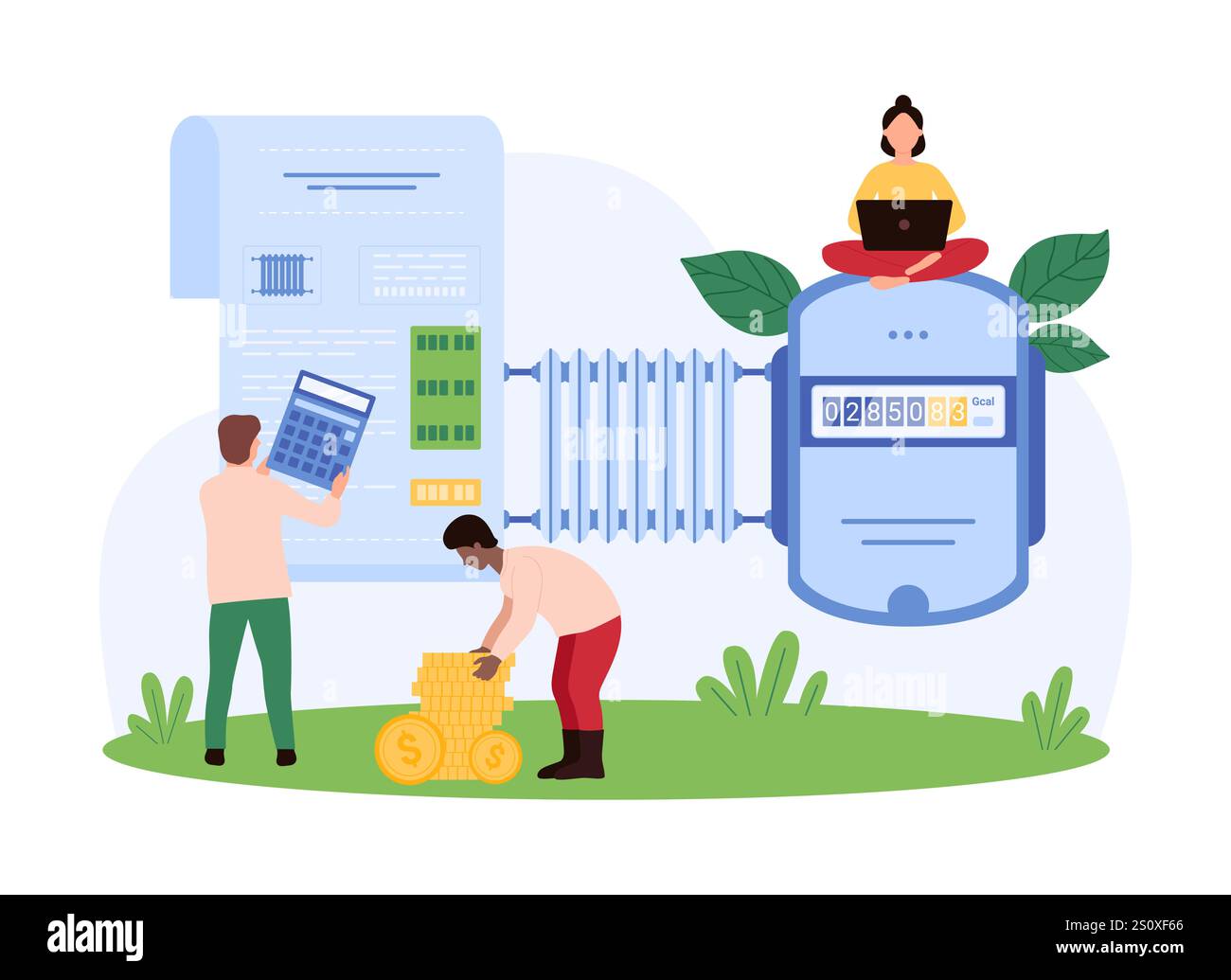 Individui che utilizzano la tecnologia per gestire le bollette dei servizi di riscaldamento, calcolare i costi e garantire un uso efficiente dell'energia in un ambiente domestico, illustrazione vettoriale. Illustrazione Vettoriale
