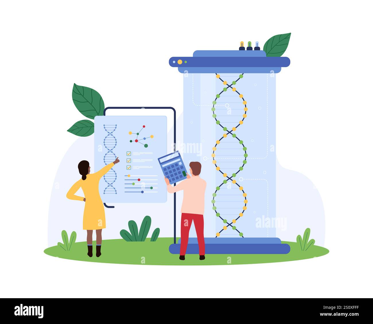 Analisi genetica, ricerca scientifica in laboratori tecnologici, innovazione in biologia e sviluppo di biotecnologie. Piccole persone studiano geni e aminoacidi Illustrazione Vettoriale