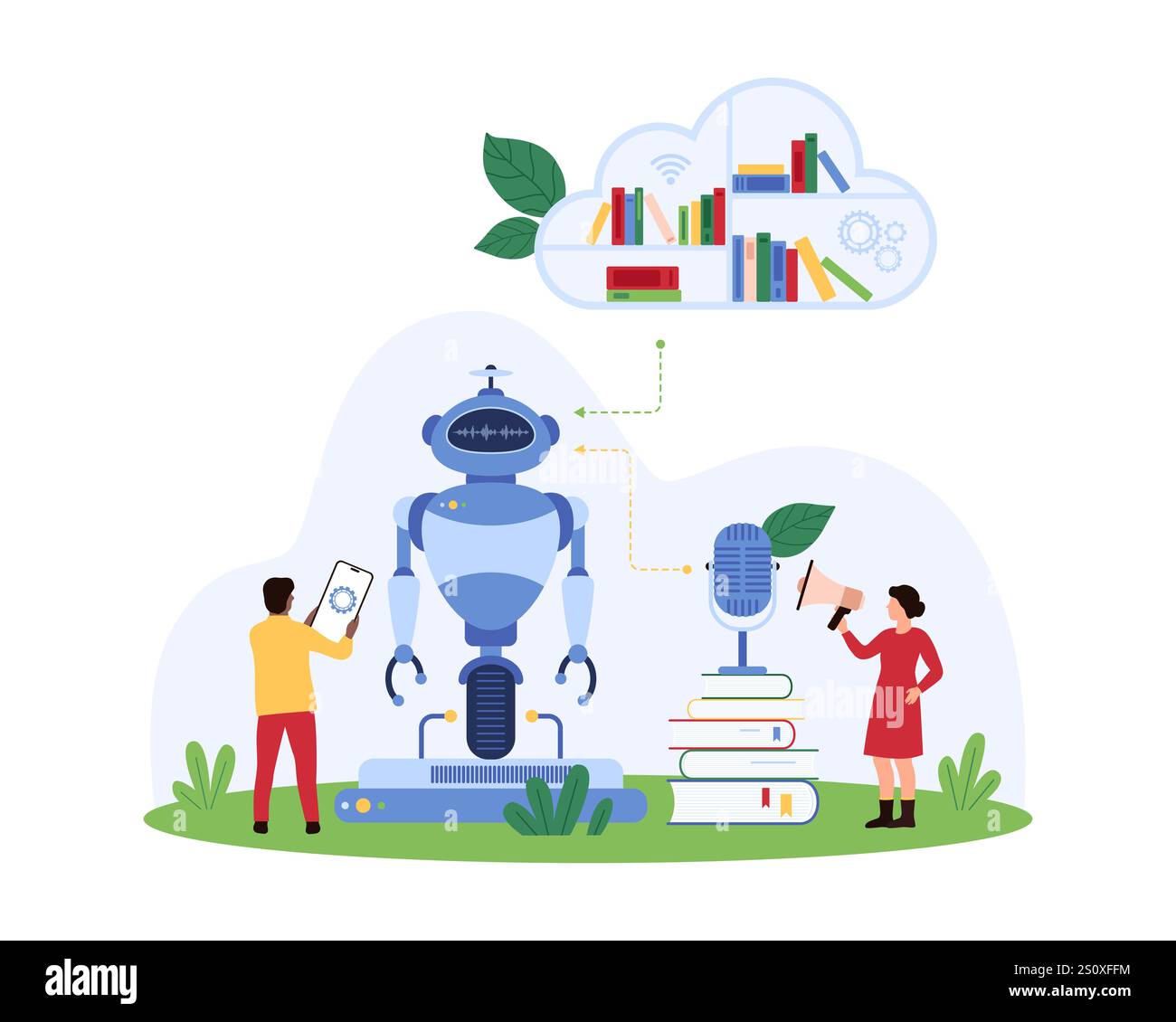 Apprendimento automatico, formazione dell'assistente ai utilizzando l'archiviazione dei dati e la libreria cloud. Le persone più piccole insegnano ai robot con l'aiuto di comandi vocali, libri da scaffale digitale e illustrazione vettoriale dei cartoni animati delle app mobili Illustrazione Vettoriale