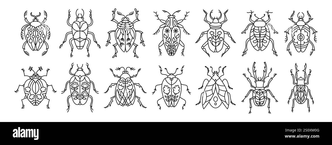 Gli scarabei preparano stravaganti insetti folkloristici. Diversi insetti fantasy con ali a motivi geometrici. Collezione di scarafaggi stilizzati per bambini. Fantasia, divertente linea vintage, bug, illustrazioni isolate vettoriali Illustrazione Vettoriale