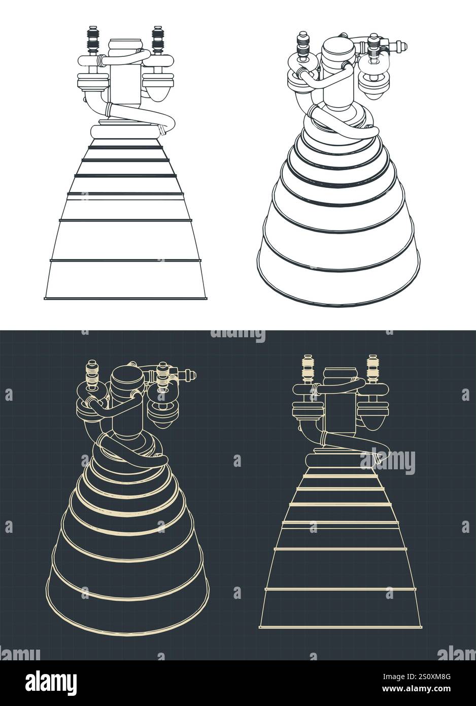 Illustrazioni vettoriali stilizzate dei progetti dei motori a razzo Illustrazione Vettoriale