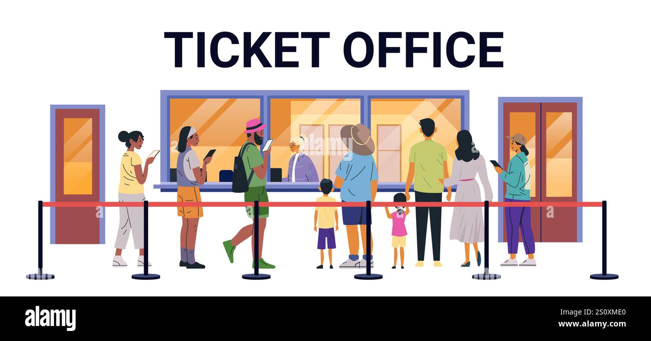 Persone in fila alla biglietteria che acquistano biglietti per il cinema o il teatro gruppi diversi di persone che aspettano al banco colorato appartamento sullo sfondo Illustrazione Vettoriale