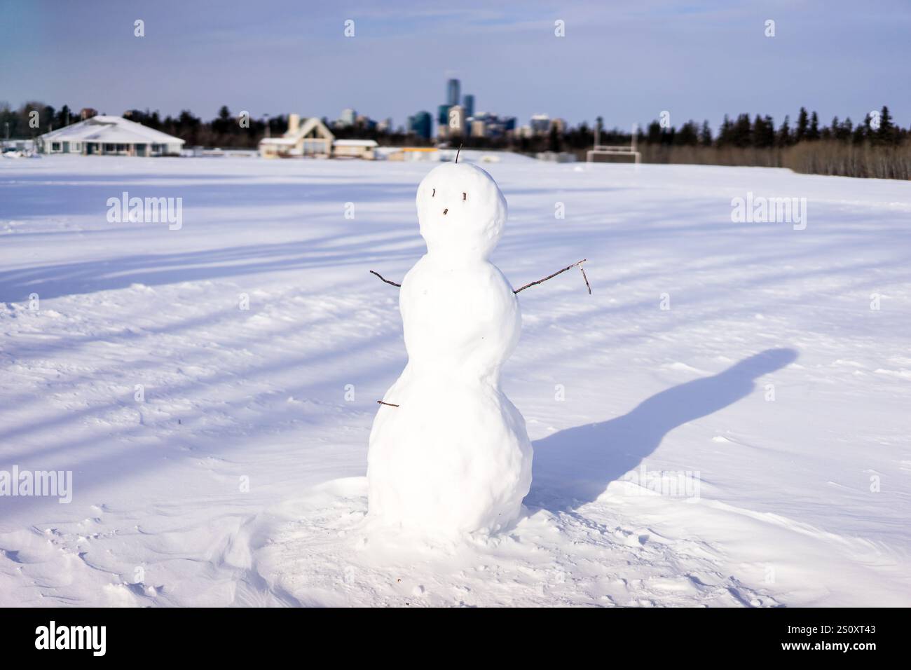 Pupazzo di neve costruito in un campo sportivo invernale sullo sfondo sfocato del paesaggio urbano di Edmonton, Alberta Foto Stock